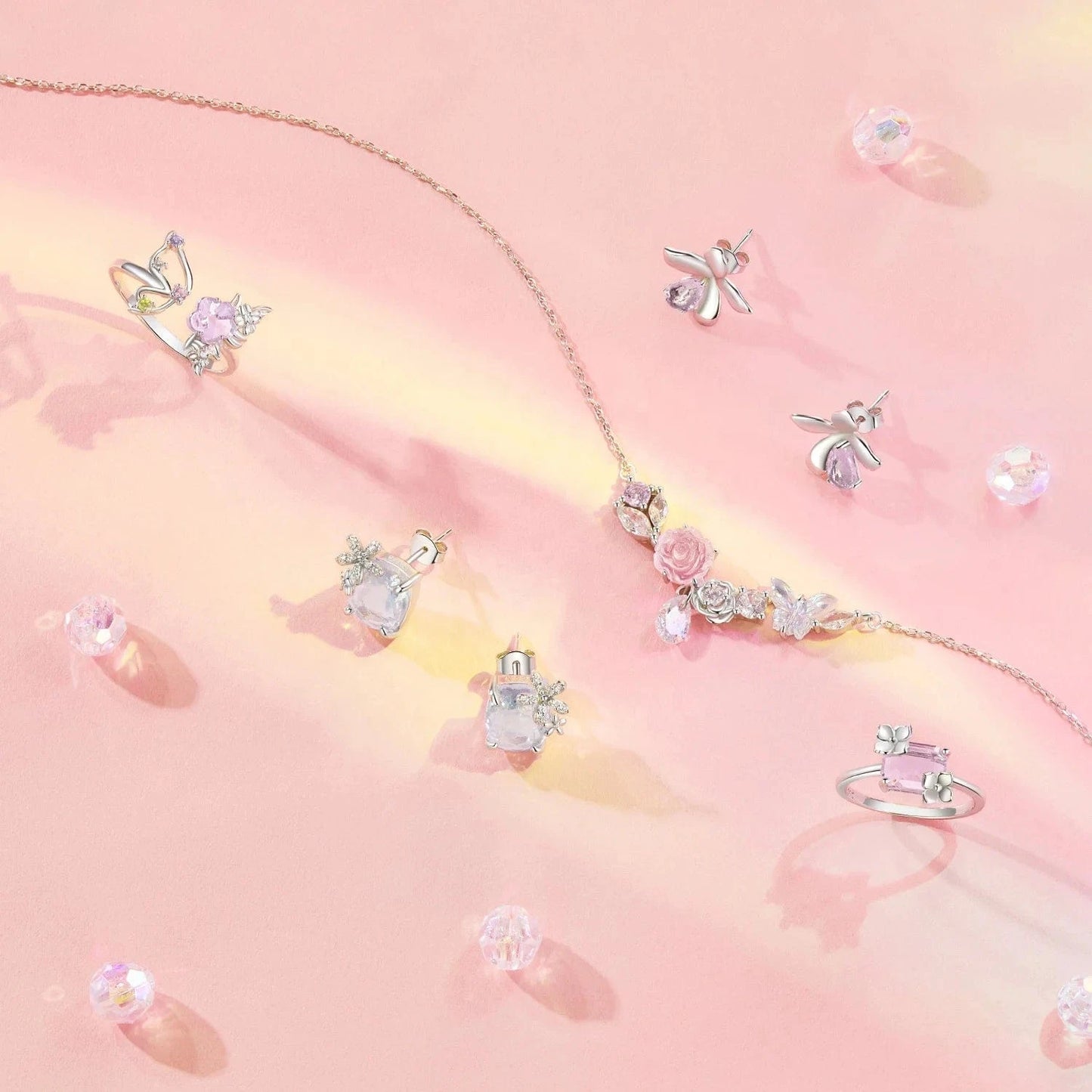 925 Sterling Silver Fashion Jewelry Sets Fine Jewelry Making Wholesale Fantasy Pink Butterfly Flower Necklace Ring Earrings Set