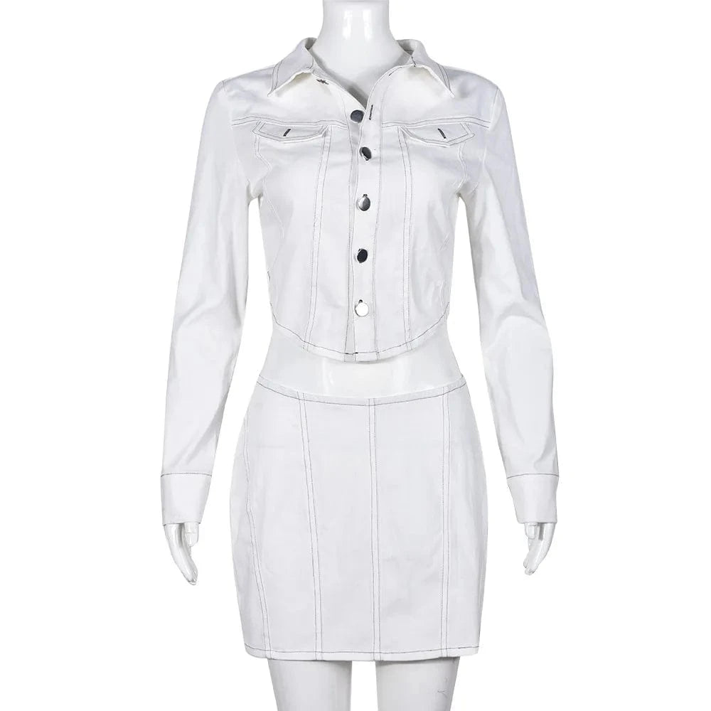 9318SD Casual Wear Solid V Neck Irregular Shirt With Striped Skirt Single Breasted Two Piece Set Women Spring 2024