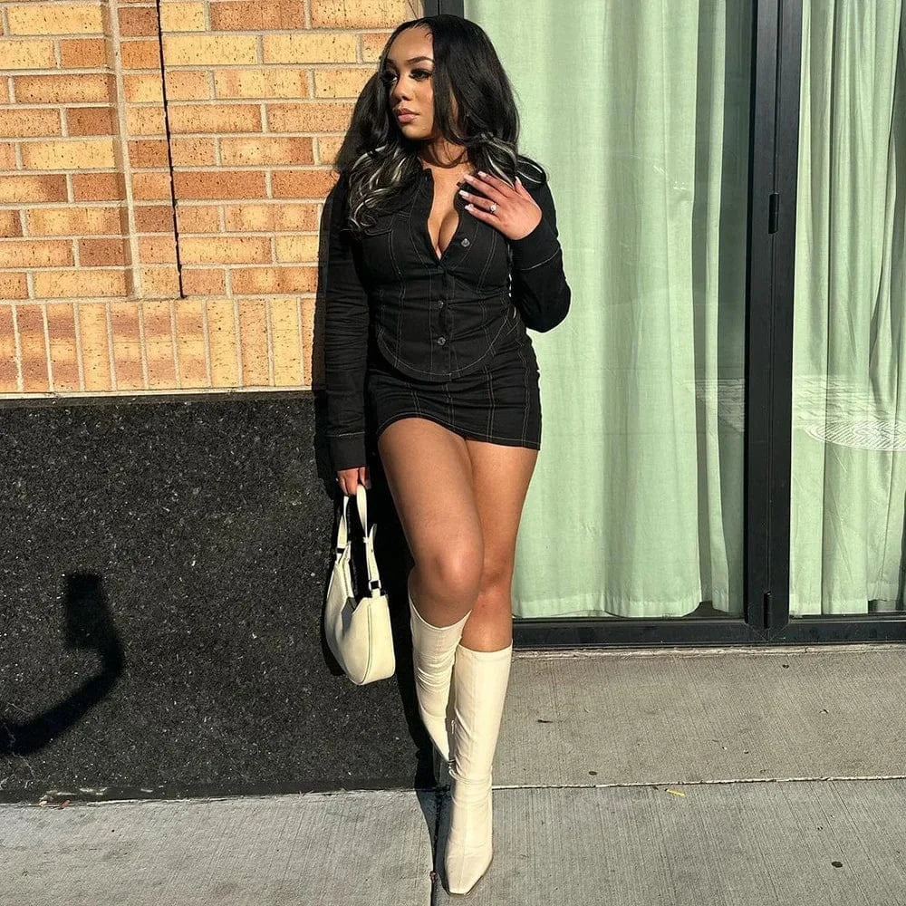 9318SD Casual Wear Solid V Neck Irregular Shirt With Striped Skirt Single Breasted Two Piece Set Women Spring 2024