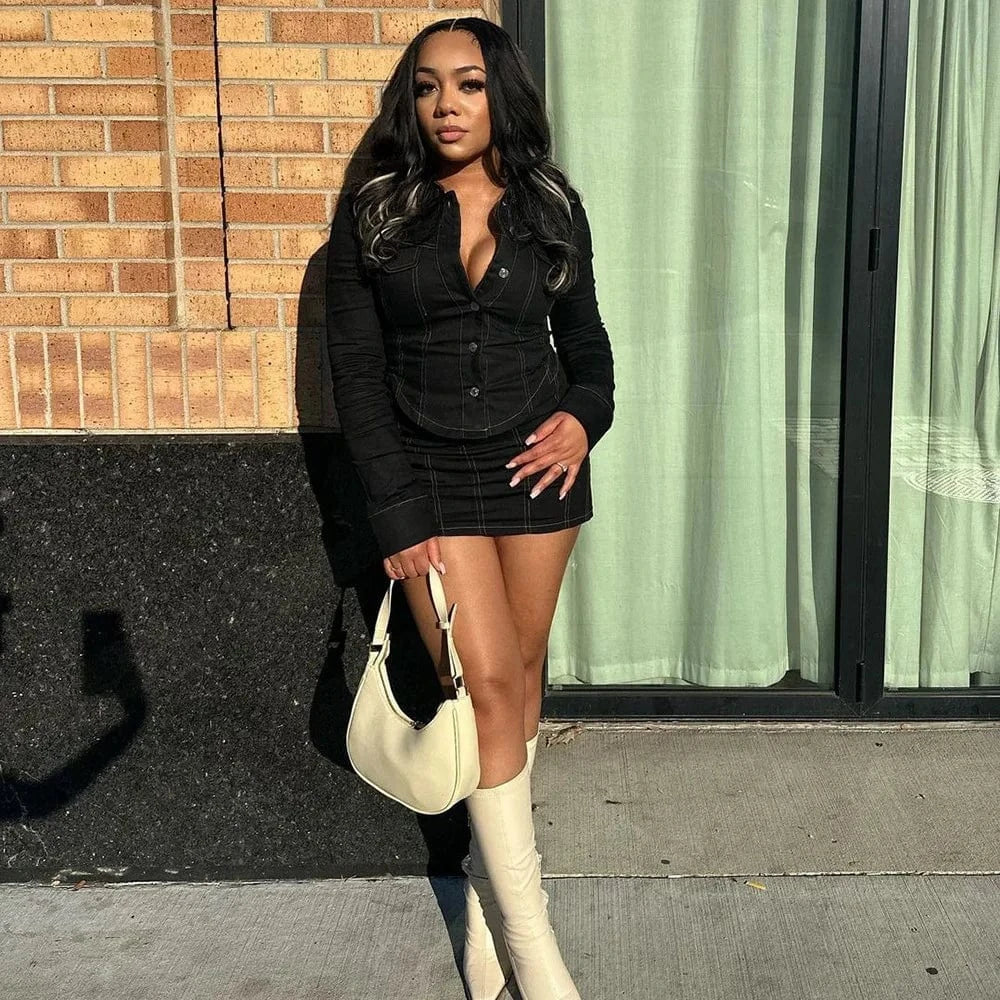 9318SD Casual Wear Solid V Neck Irregular Shirt With Striped Skirt Single Breasted Two Piece Set Women Spring 2024