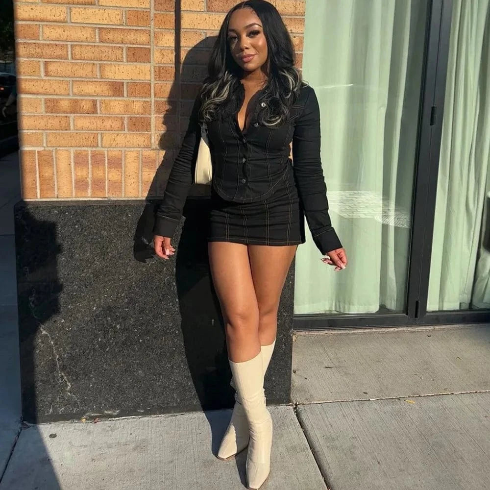 9318SD Casual Wear Solid V Neck Irregular Shirt With Striped Skirt Single Breasted Two Piece Set Women Spring 2024