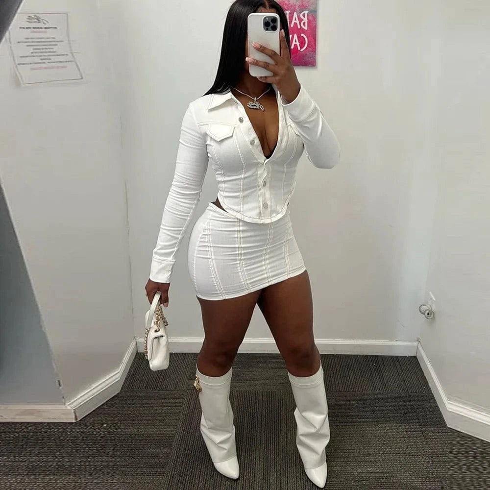 9318SD Casual Wear Solid V Neck Irregular Shirt With Striped Skirt Single Breasted Two Piece Set Women Spring 2024