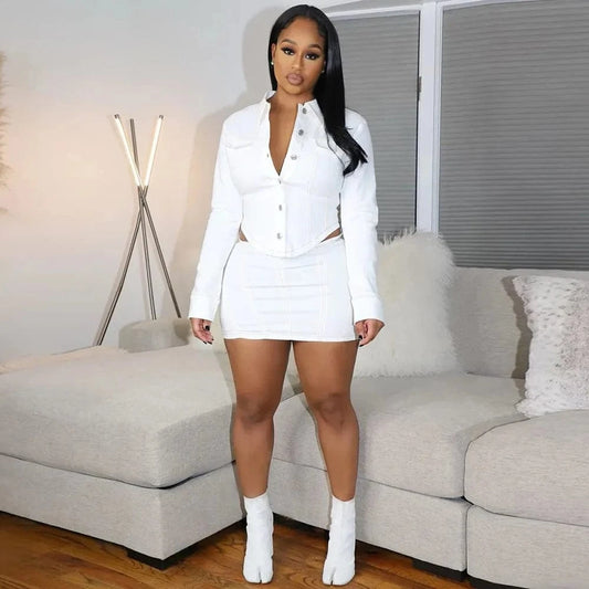 9318SD Casual Wear Solid V Neck Irregular Shirt With Striped Skirt Single Breasted Two Piece Set Women Spring 2024