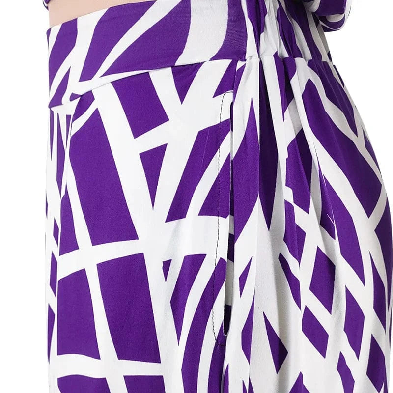 9423 2024 New Design Chic Printed Ladies Crop Top Blouse And Maxi Skirts With Pockets Summer Fashion 2 Piece Vacation Outfits