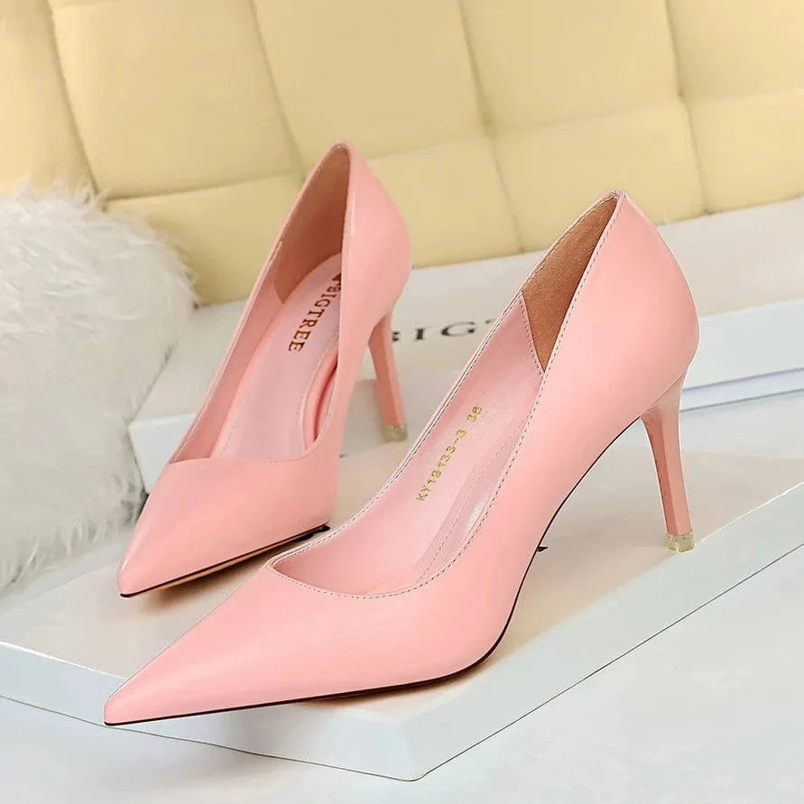 9511-17 Trendy Simple Stiletto Ladies Heel Shoes Splicing Pointy With Shallow Tops Office Ladies Thin High Heels Shoes For Women