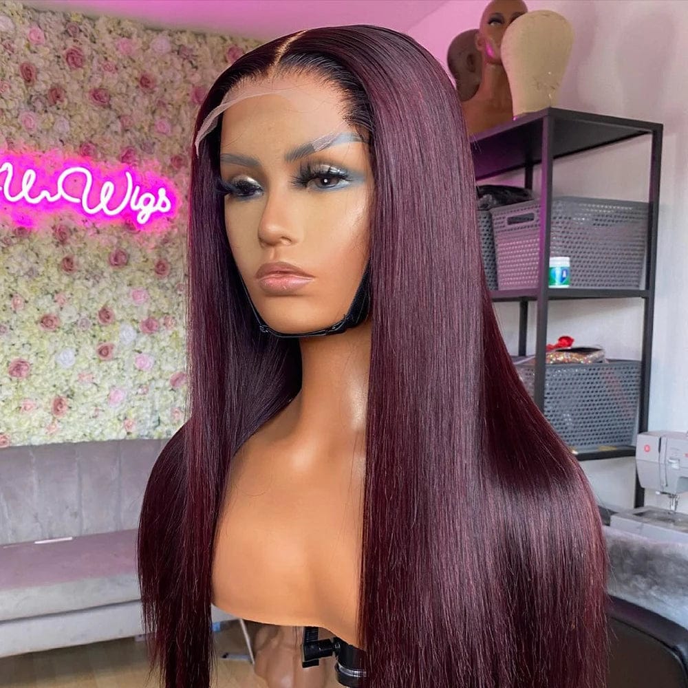 99j / 22 Inches High Quality 99j Color Bone Straight Wig Brazilian Cuticle Aligned Transparent Lace Frontal Wig Pre Plucked Glueless Wig