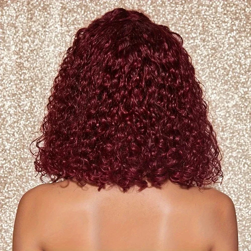 99J burgundy red color curly wigs water wave 13x4 lace front human hair short bob human hair wigs woman