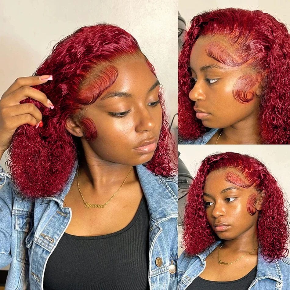 99J burgundy red color curly wigs water wave 13x4 lace front human hair short bob human hair wigs woman