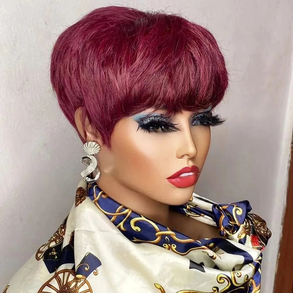 99J / CHINA / 6inches Brown Short Pixie Cut Wig Human Hair For Black Women Machine Made Wigs With Bangs Colored Brazilian Wig Human Hair Wigs