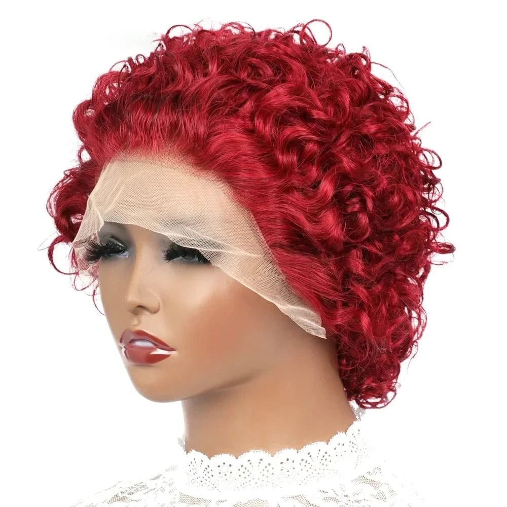 99J / CHINA / 8inches|180%|13x1 Ginger Pixie Cut Wigs Human Hair Short Curly Lace Front Human Hair Wigs Colored Water Wave Bob Wig 13x1 Transparent Lace Wigs