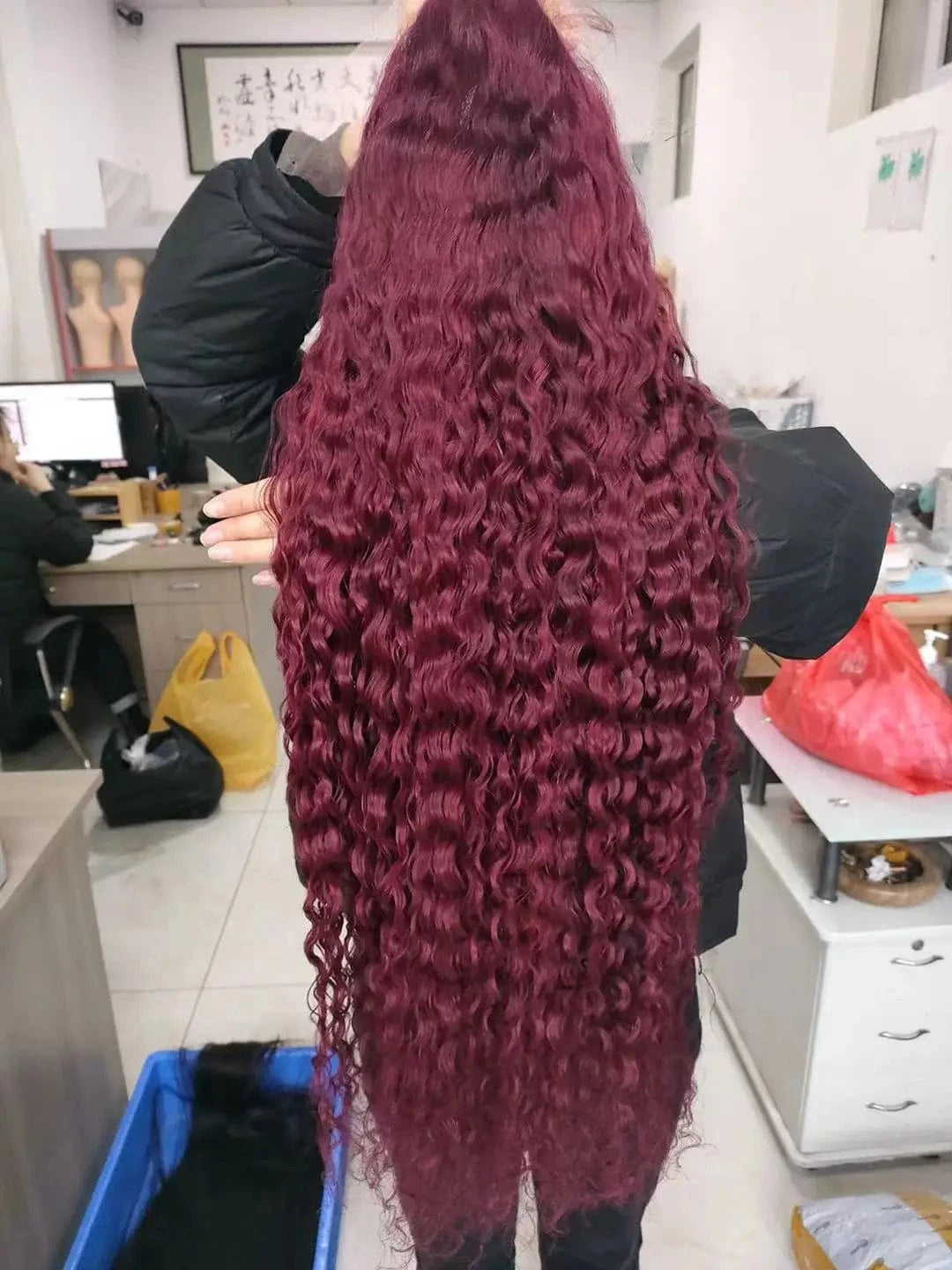 99j color / 18 Inches Amara good quality human hair 99j burgundy red color human hair lace front wig dark burgundy deep curly wig