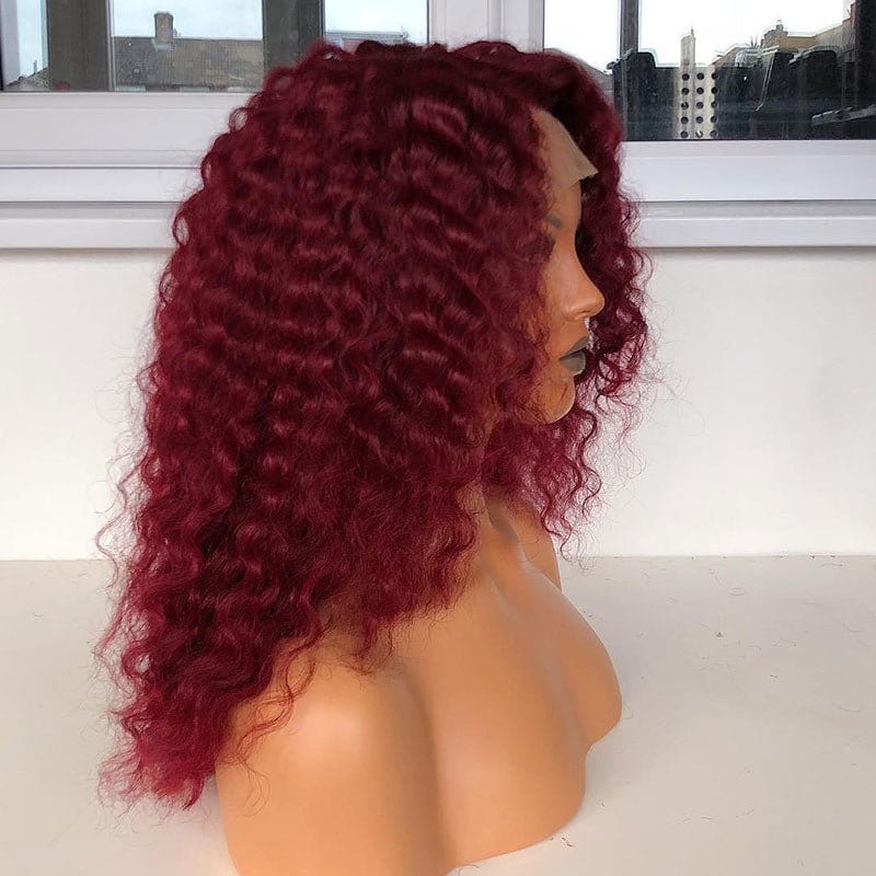 #99j dark red color kinky curly 200% density virgin human hair lace frontal wigs for women HD 4x4 lace closure wigs