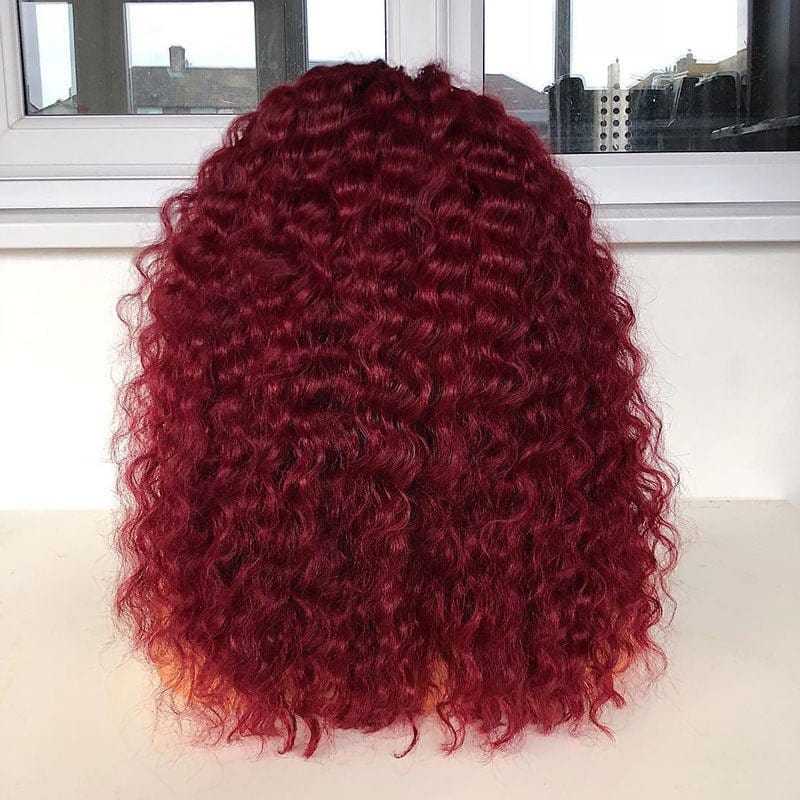 #99j dark red color kinky curly 200% density virgin human hair lace frontal wigs for women HD 4x4 lace closure wigs