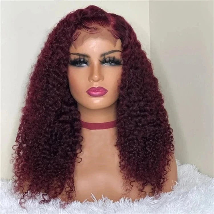 99J Kinky Curly / 8 Inches / 13x4 Burgundy Red Color Body Wave Cuticle Aligned Human Hair Transparent Lace Front Wigs for Women