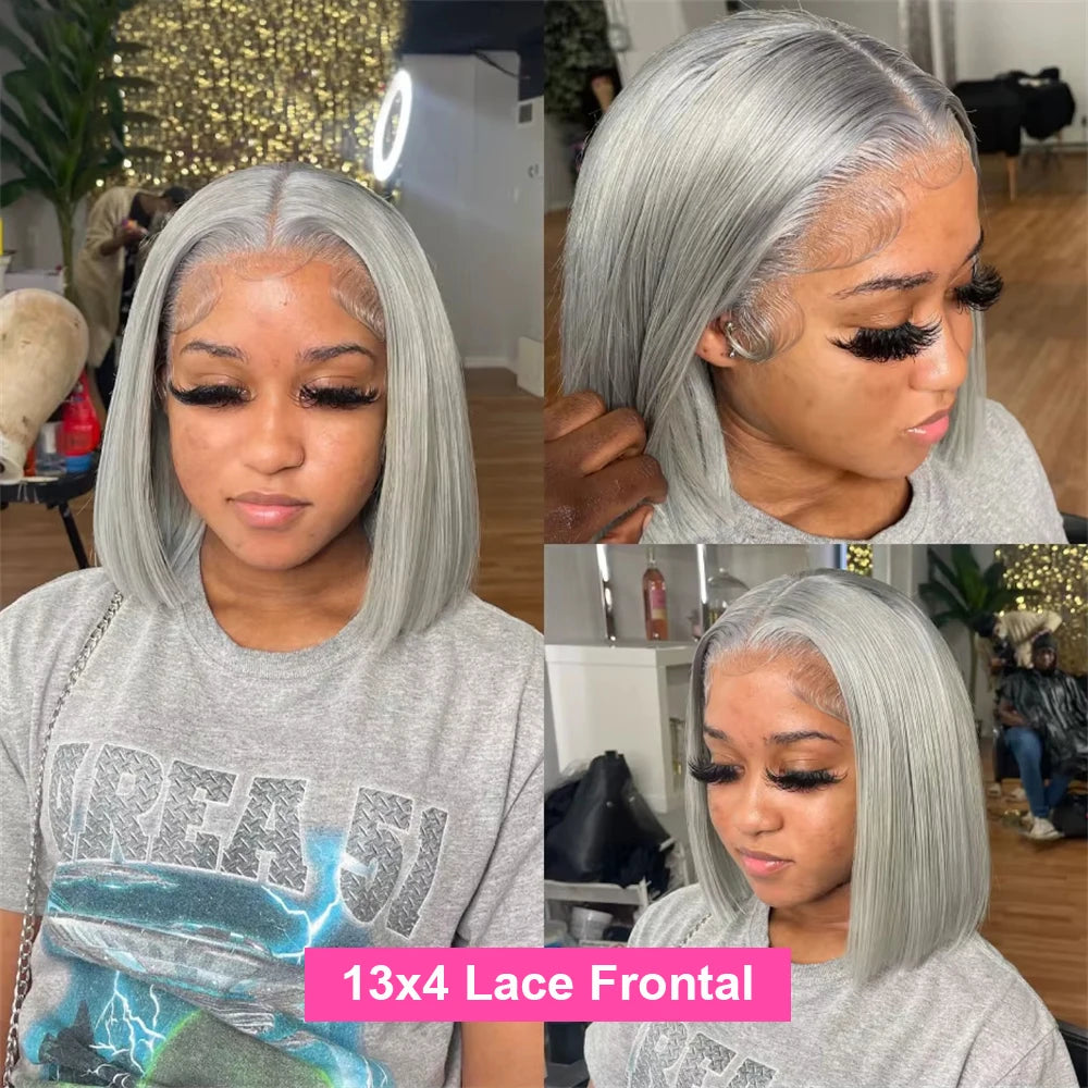 Grey Bob Human Hair Wigs Lace Front Silver Grey 13X4 Lace Frontal Bob Wig Pix Cut Straight Colored Human Hair Wigs 200% Density