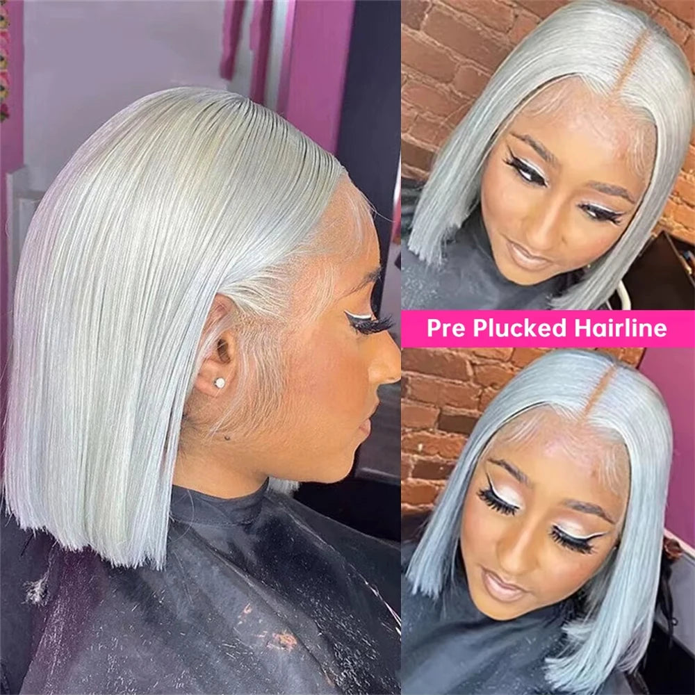 Grey Bob Human Hair Wigs Lace Front Silver Grey 13X4 Lace Frontal Bob Wig Pix Cut Straight Colored Human Hair Wigs 200% Density
