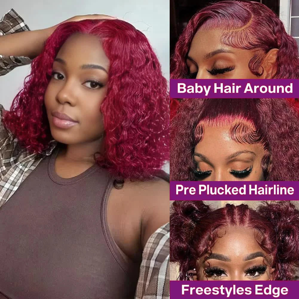 13X4 HD Lace Frontal Wig 99J Burgundy Deep Wave Short Bob Human Hair Wigs Curly Wave Red Bob Wig Pre Plucked 16 Inch Color Wigs