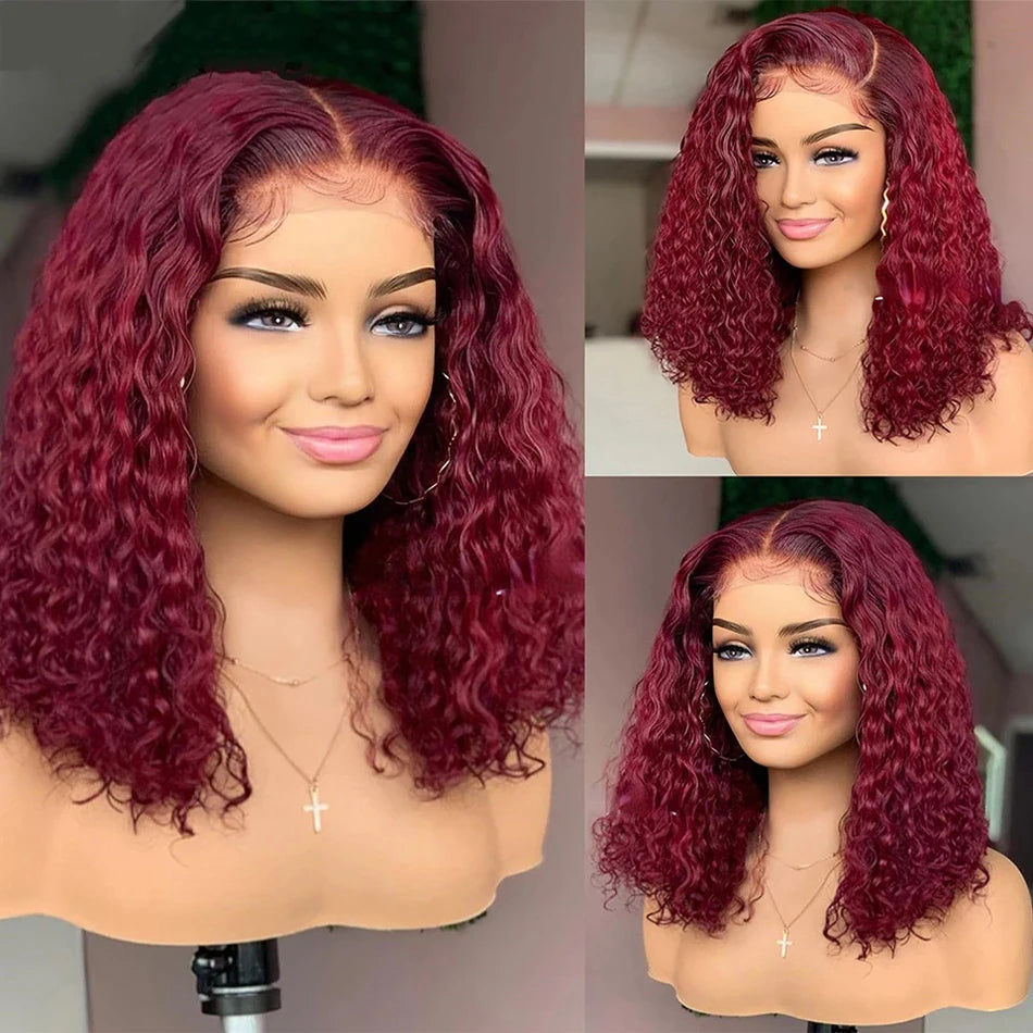 13X4 HD Lace Frontal Wig 99J Burgundy Deep Wave Short Bob Human Hair Wigs Curly Wave Red Bob Wig Pre Plucked 16 Inch Color Wigs