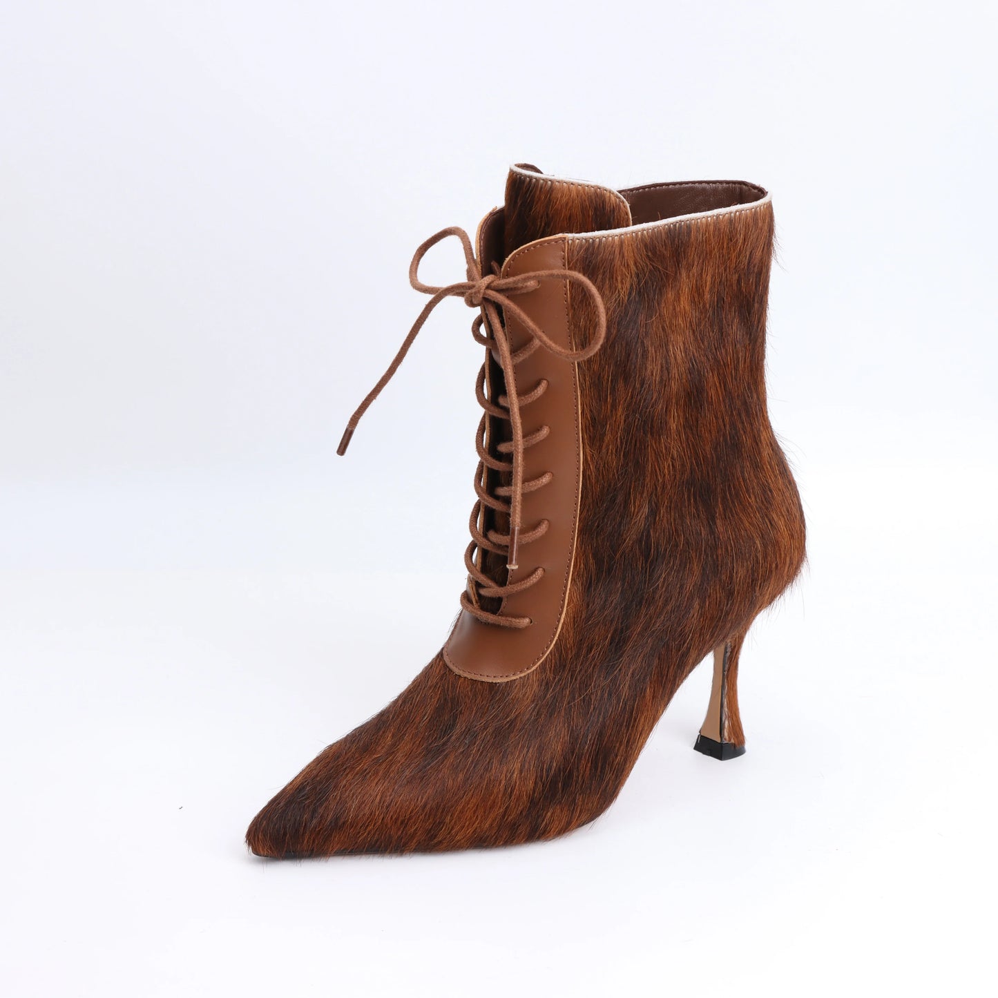 2025 designer women's British style pointed short boots with high, thin heels and lace up real leather boots