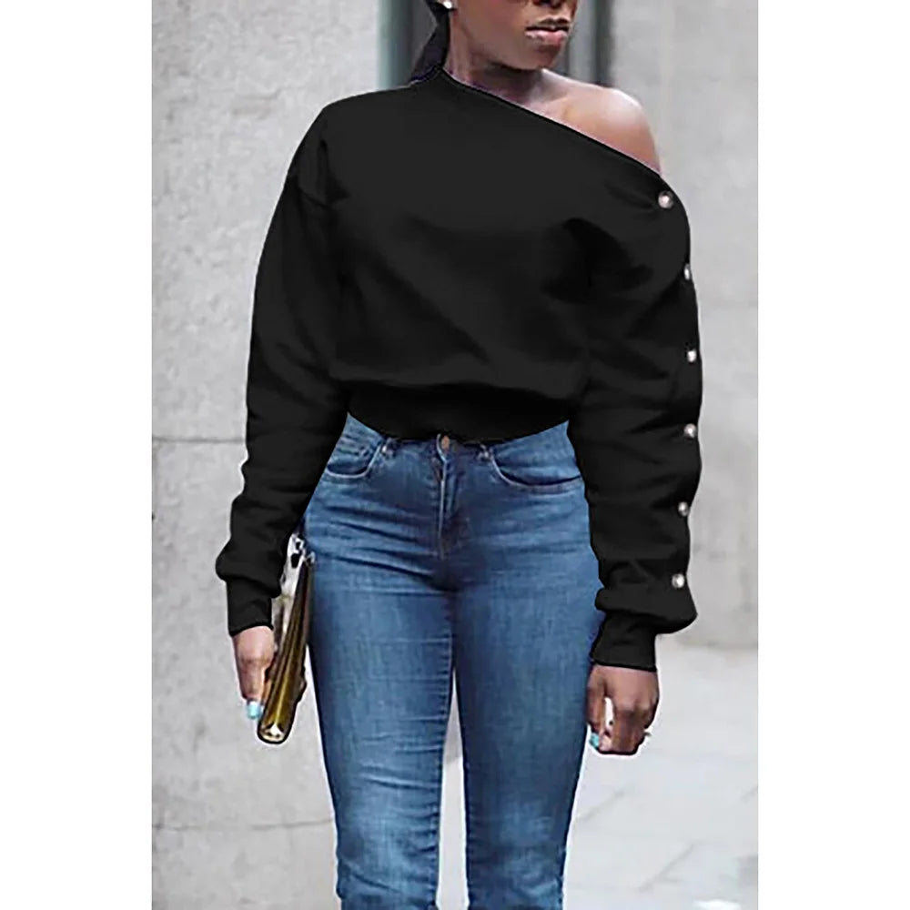 Plus Size Daily Top White Oblique Collar Solid Button Top One Shoulder Long Sleeve Blouse