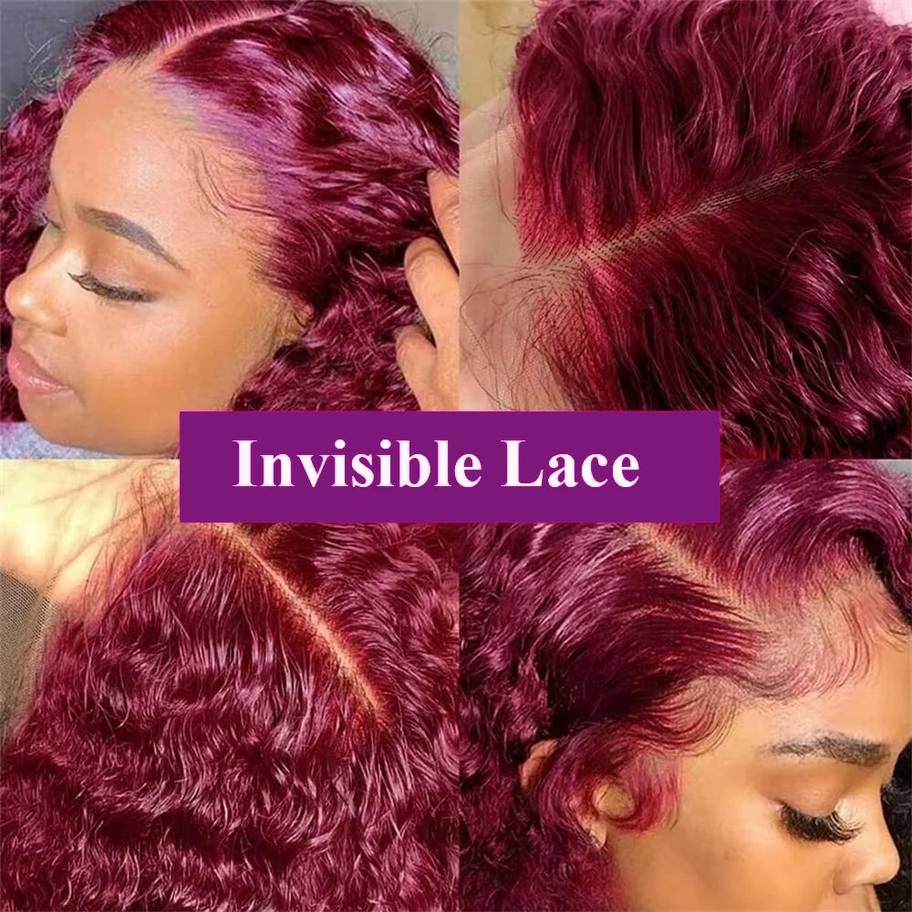 13X4 HD Lace Frontal Wig 99J Burgundy Deep Wave Short Bob Human Hair Wigs Curly Wave Red Bob Wig Pre Plucked 16 Inch Color Wigs