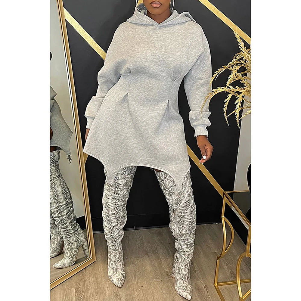 Plus Size Party Mini Dresses Casual Grey Fall Winter Hoodie Lantern Sleeve Long Sleeve Asymmetric Hem Cotton Mini Dresses