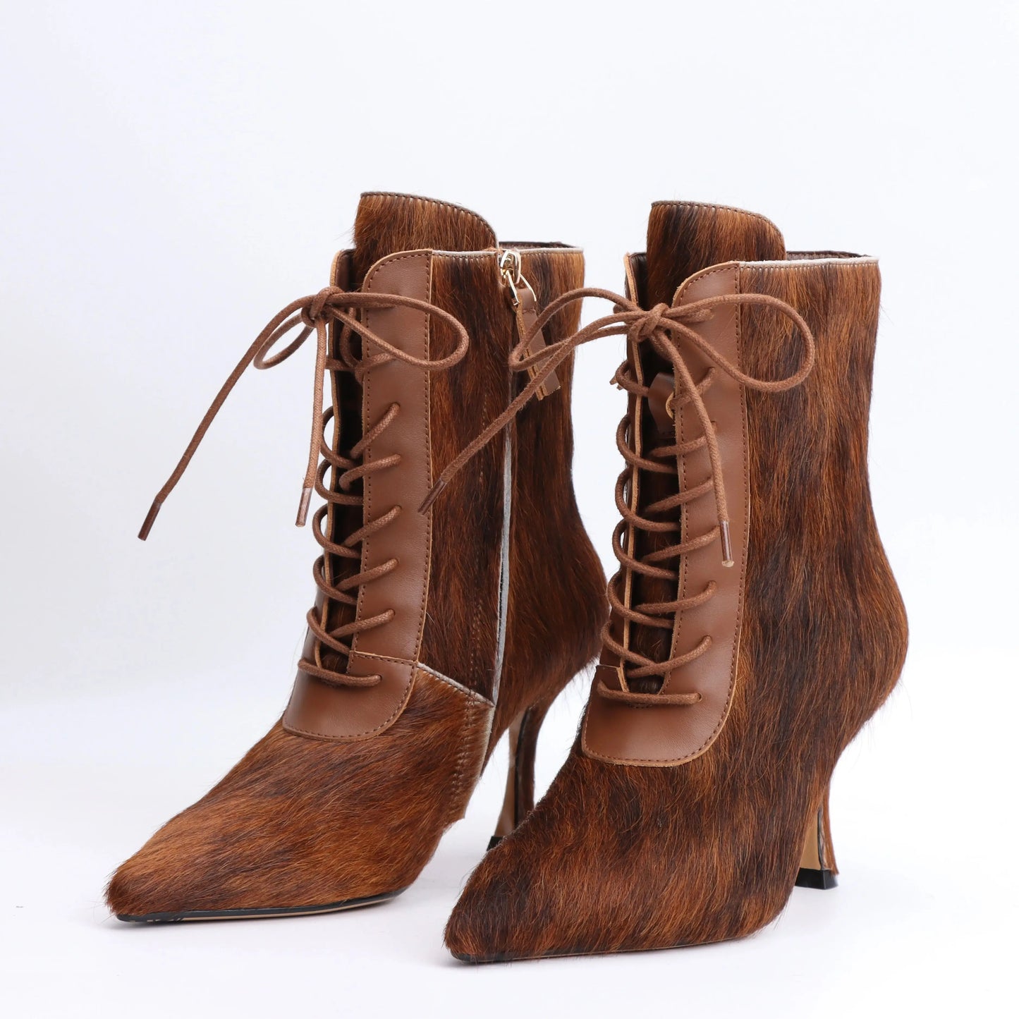 2025 designer women's British style pointed short boots with high, thin heels and lace up real leather boots