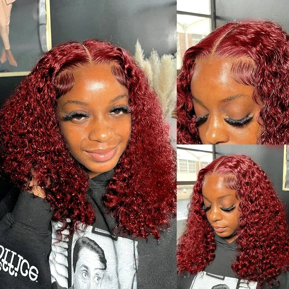 13X4 HD Lace Frontal Wig 99J Burgundy Deep Wave Short Bob Human Hair Wigs Curly Wave Red Bob Wig Pre Plucked 16 Inch Color Wigs