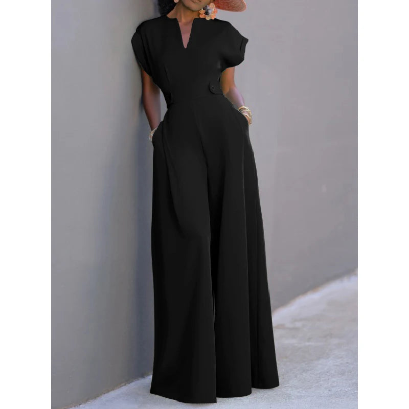 Women Black White Color Wide Leg Jumpsuits 2024 New Summer Cap Sleeves Loose Fashion Urban Casual Office Jump Suits