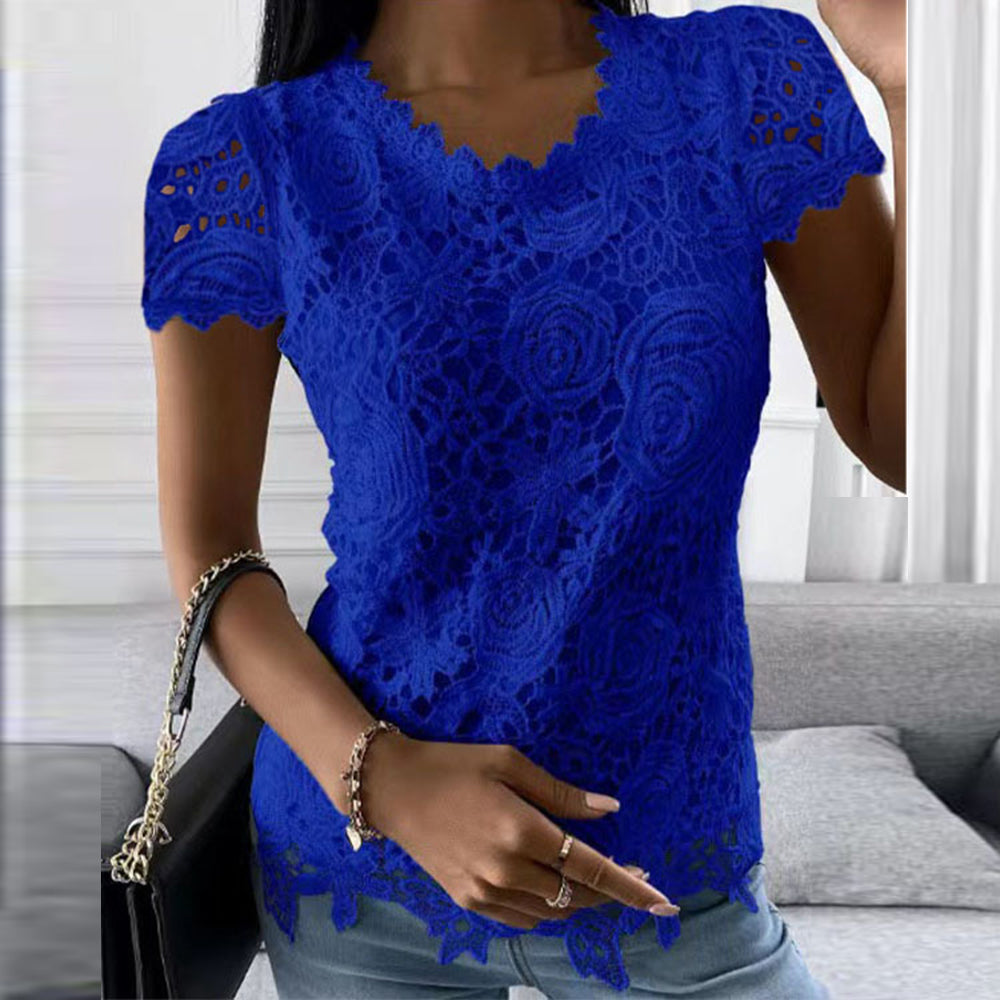 Womens Lace Round Neck Tops T-Shirts Ladies Summer Casual Short Sleeve Blouse Pullover Fashion Clothing For