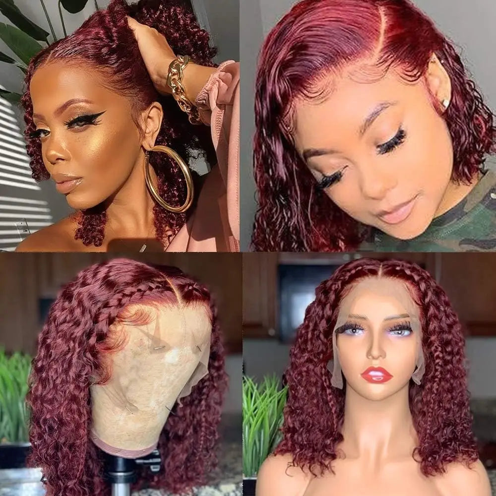 13X4 HD Lace Frontal Wig 99J Burgundy Deep Wave Short Bob Human Hair Wigs Curly Wave Red Bob Wig Pre Plucked 16 Inch Color Wigs