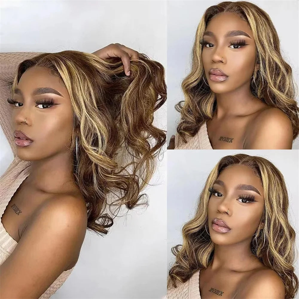 Highlight Body Wave Bob Wig Human Hair 13X4 Lace Front Human Hair Wigs For Women Honey Blonde HD Transparent Lace Frontal Wig