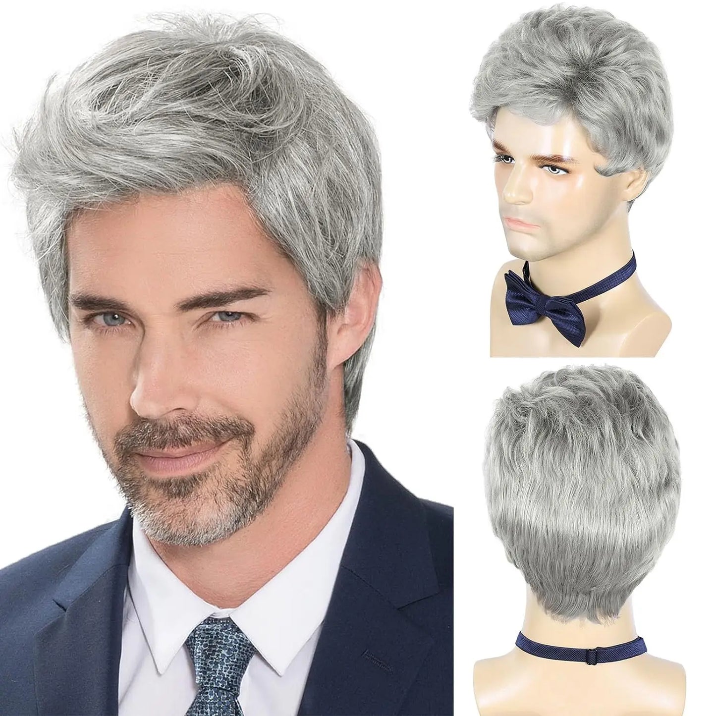 Men Wigs Short Silver Gray Wig Synthetic Heat Resistant Natural Halloween Cosplay Hair Wig