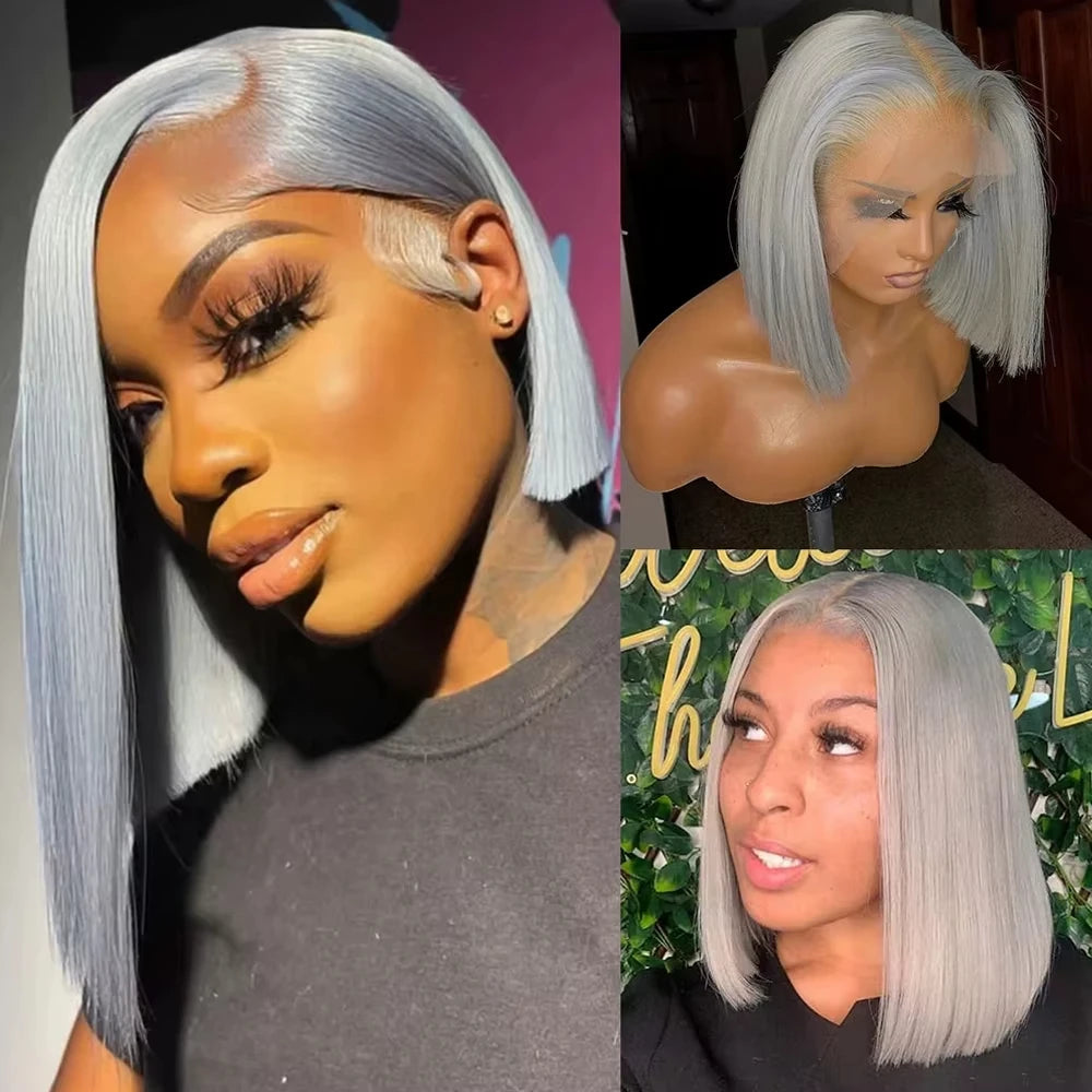 Grey Bob Human Hair Wigs Lace Front Silver Grey 13X4 Lace Frontal Bob Wig Pix Cut Straight Colored Human Hair Wigs 200% Density