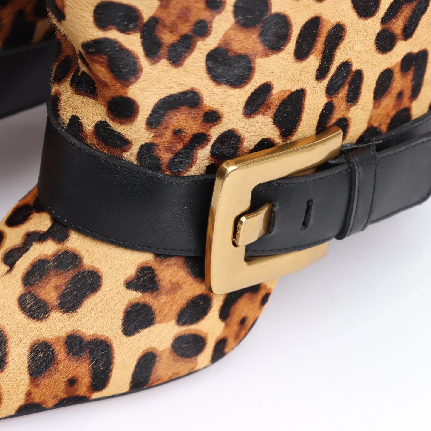 Designer 2025 Winter Luxury New Fashion Leopard Pattern Leather Metal Buckle High Heel Boots Pointed Thin Heel Leg Boots