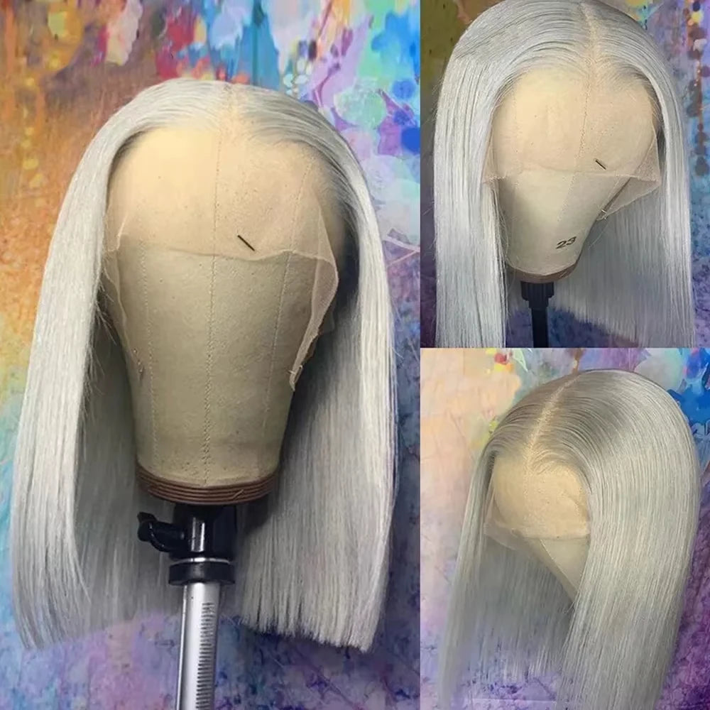 Grey Bob Human Hair Wigs Lace Front Silver Grey 13X4 Lace Frontal Bob Wig Pix Cut Straight Colored Human Hair Wigs 200% Density