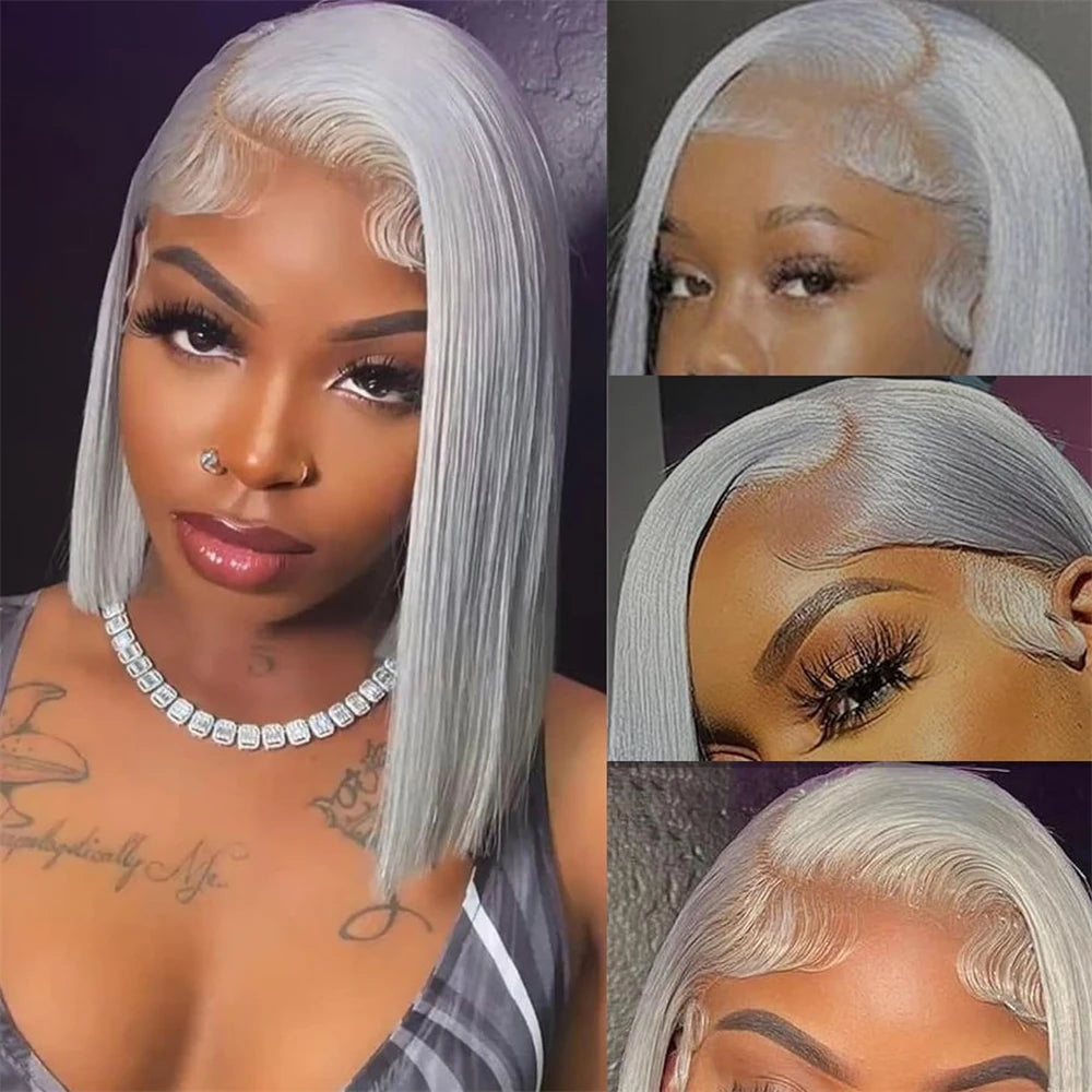 Grey Bob Human Hair Wigs Lace Front Silver Grey 13X4 Lace Frontal Bob Wig Pix Cut Straight Colored Human Hair Wigs 200% Density