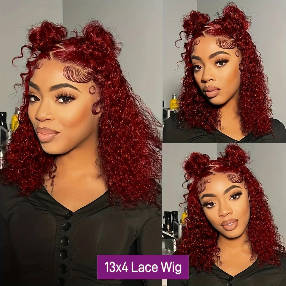 13X4 HD Lace Frontal Wig 99J Burgundy Deep Wave Short Bob Human Hair Wigs Curly Wave Red Bob Wig Pre Plucked 16 Inch Color Wigs
