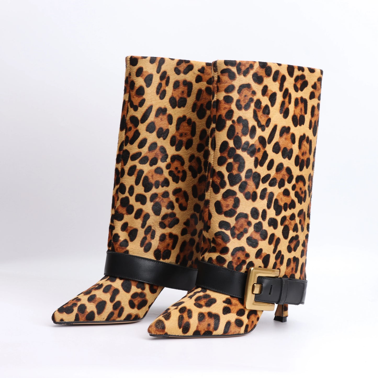 Designer 2025 Winter Luxury New Fashion Leopard Pattern Leather Metal Buckle High Heel Boots Pointed Thin Heel Leg Boots