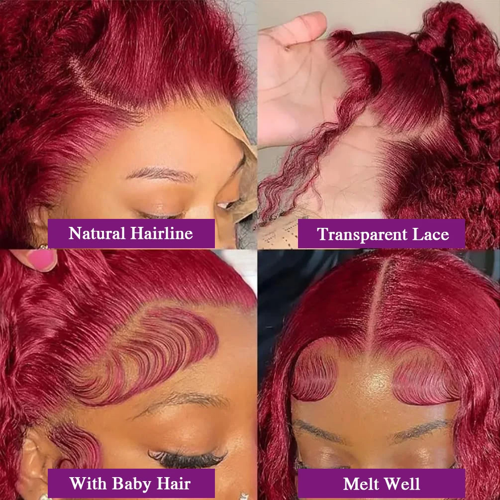 13X4 HD Lace Frontal Wig 99J Burgundy Deep Wave Short Bob Human Hair Wigs Curly Wave Red Bob Wig Pre Plucked 16 Inch Color Wigs