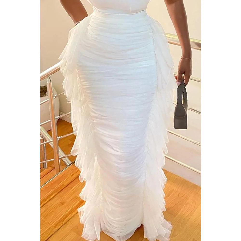 Plus Size Red Daily Side Tulle Ruffles Fold Skirts for Women 2025