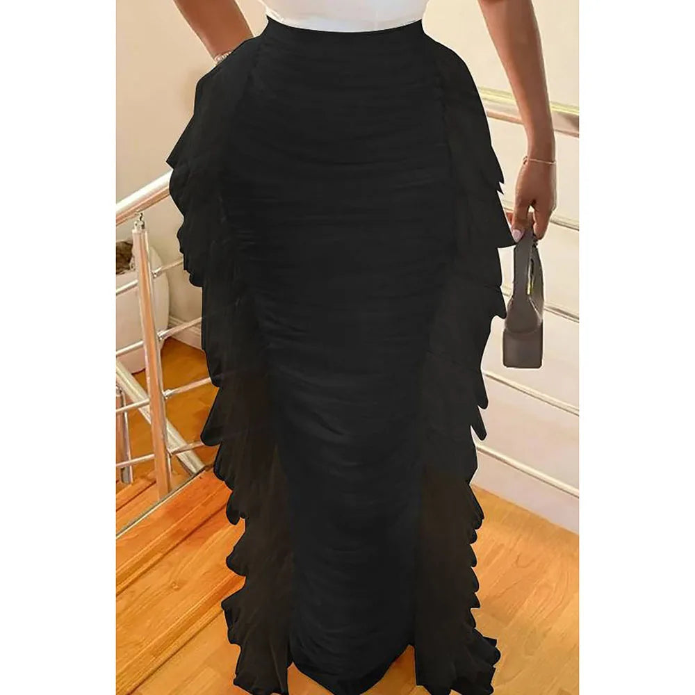 Plus Size Red Daily Side Tulle Ruffles Fold Skirts for Women 2025