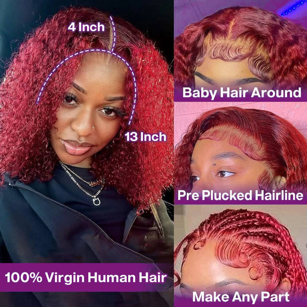 13X4 HD Lace Frontal Wig 99J Burgundy Deep Wave Short Bob Human Hair Wigs Curly Wave Red Bob Wig Pre Plucked 16 Inch Color Wigs