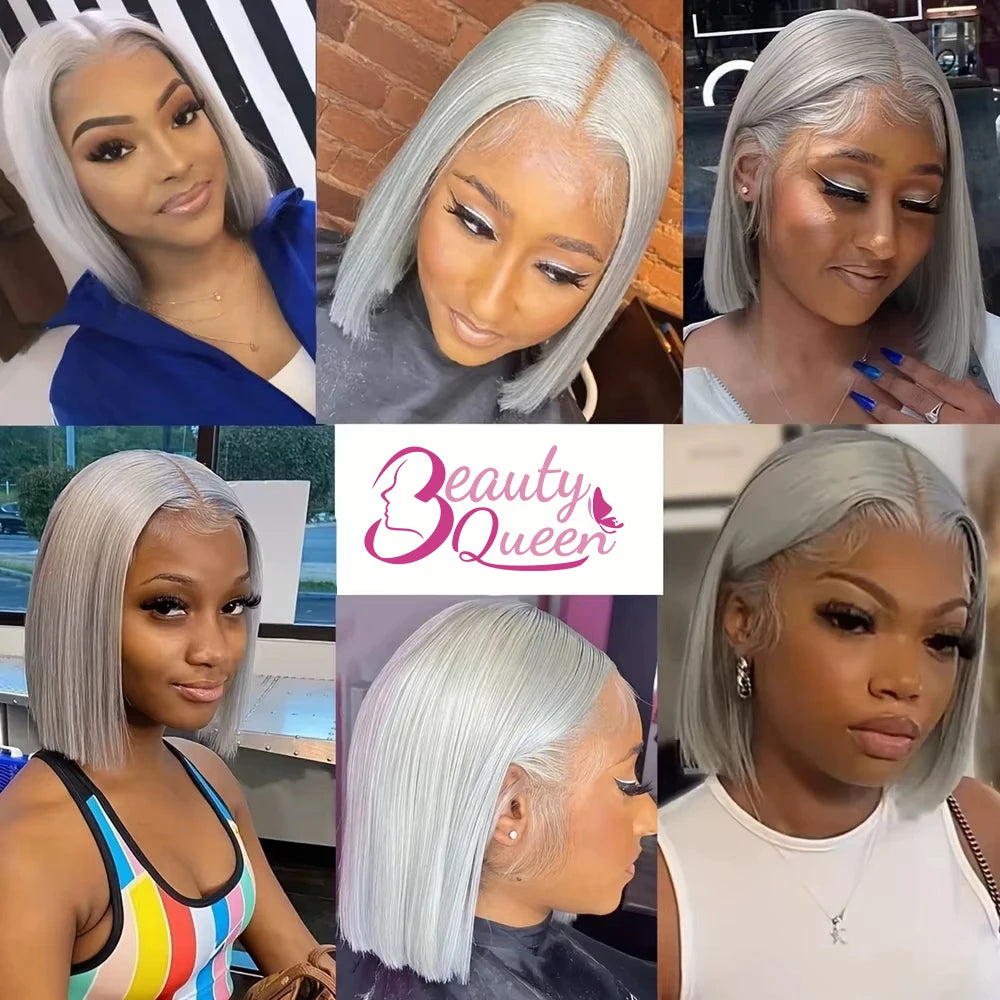 Grey Bob Human Hair Wigs Lace Front Silver Grey 13X4 Lace Frontal Bob Wig Pix Cut Straight Colored Human Hair Wigs 200% Density