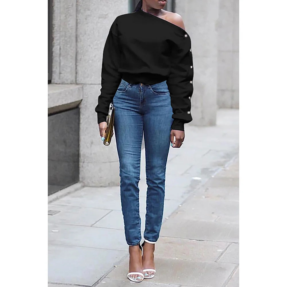 Plus Size Daily Top White Oblique Collar Solid Button Top One Shoulder Long Sleeve Blouse
