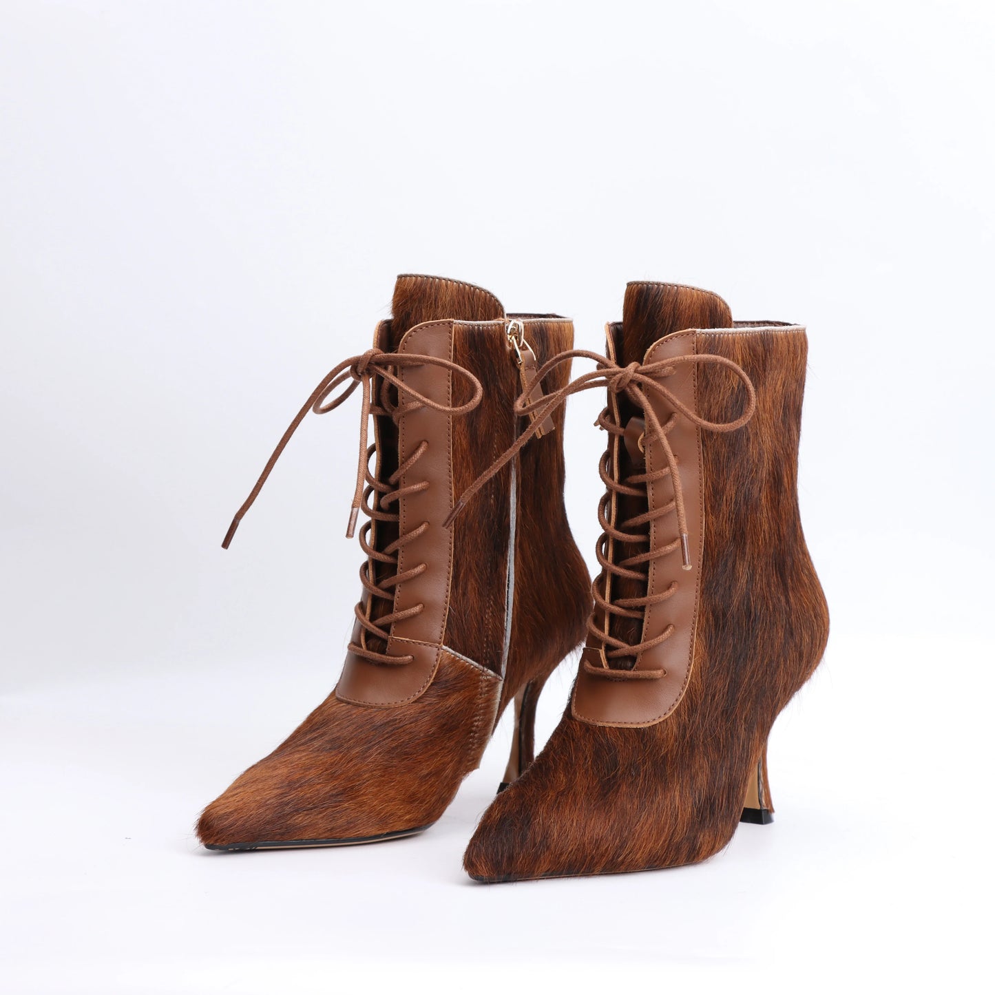 2025 designer women's British style pointed short boots with high, thin heels and lace up real leather boots