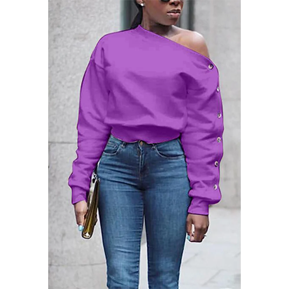 Plus Size Daily Top White Oblique Collar Solid Button Top One Shoulder Long Sleeve Blouse