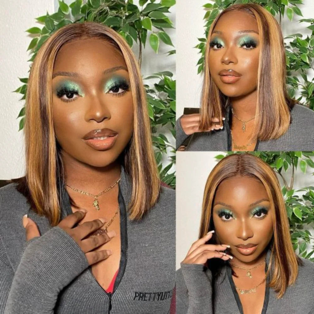 Highlight Color Short Bob Wigs Straight 13x4 Lace Frontal Wigs Brazilian Human Hair 200% Density Full Front Bob Wig For Women