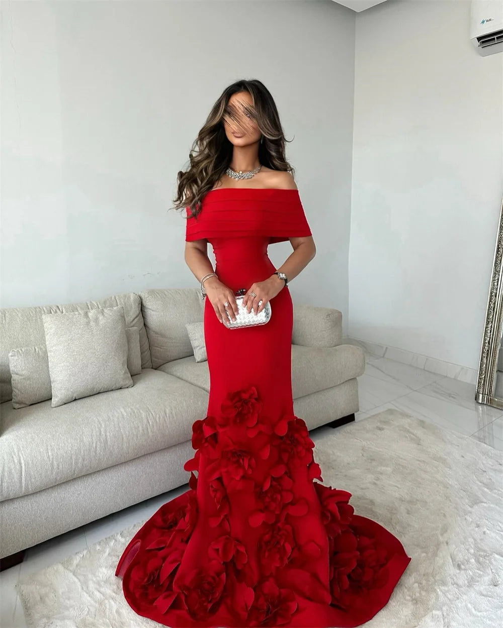 Mila Off the Shoulder Mermaid Sexy Customized Prom Dresses 3D Flower Party Dress Court Train Floor-Length Evening Dresses 2025