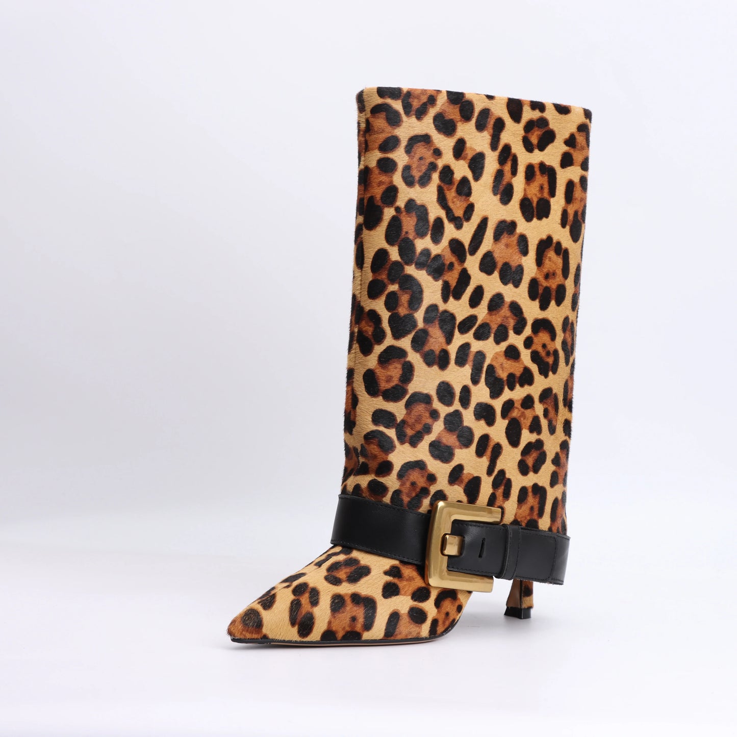 Designer 2025 Winter Luxury New Fashion Leopard Pattern Leather Metal Buckle High Heel Boots Pointed Thin Heel Leg Boots